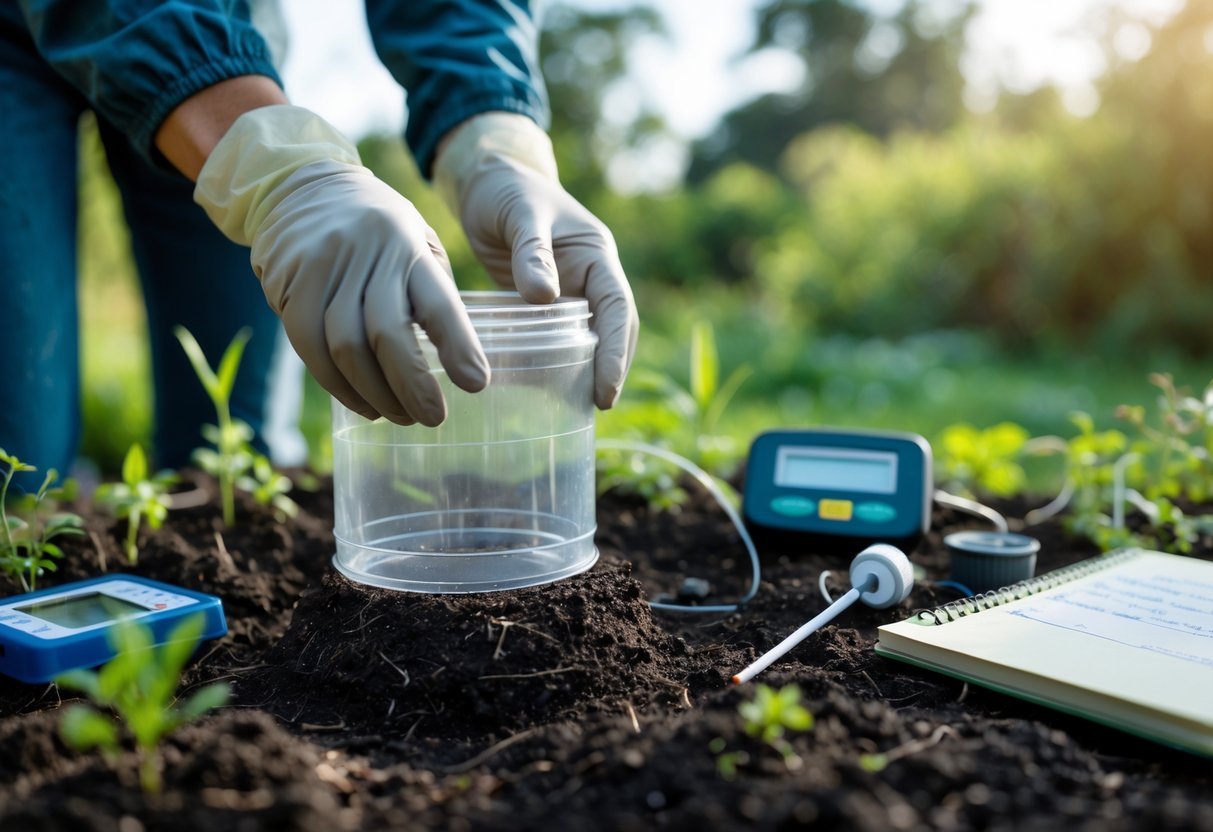 11+ DIY Soil Testing Ideas for US Gardeners to Boost Plant Health Quickly 18 Hands placing a clear chamber over soil outdoors with scientific tools nearby in a garden setting.