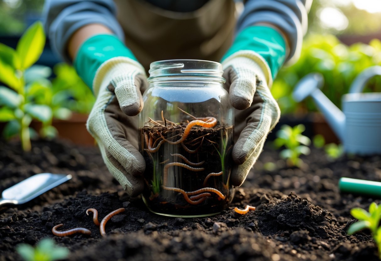 11+ DIY Soil Testing Ideas for US Gardeners to Boost Plant Health Quickly 19 Hands holding a glass jar containing dark liquid and earthworms with a garden background.