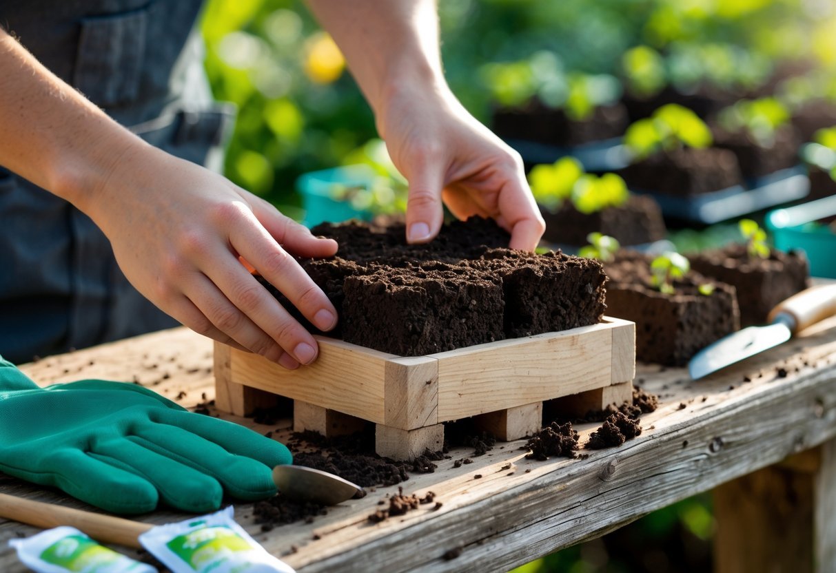 15+ DIY Soil Block Makers for Efficient Garden Seed Starting in the US 2 Hands using a soil block maker to form soil blocks on a wooden workbench outdoors with gardening tools nearby.