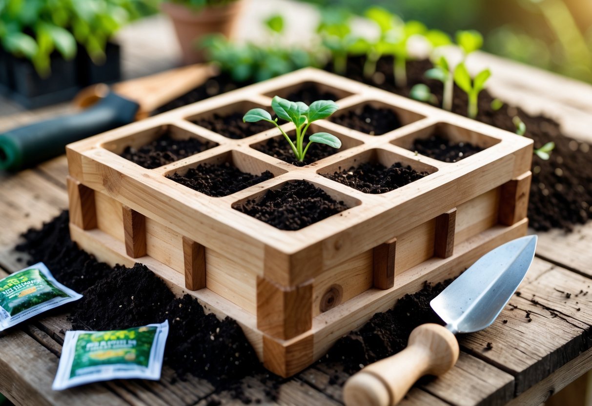15+ DIY Soil Block Makers for Efficient Garden Seed Starting in the US 3 A wooden mold soil block maker filled with soil on a wooden table surrounded by gardening tools and seedlings.