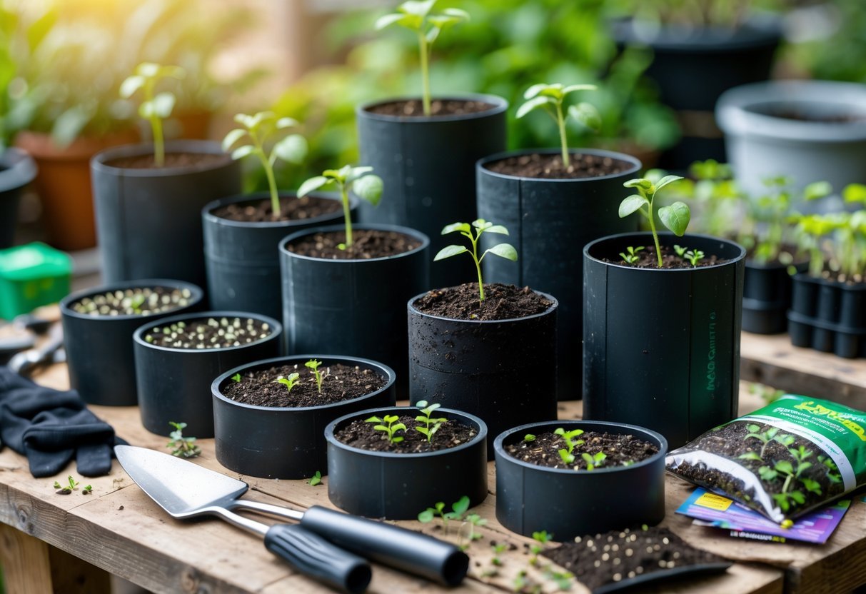 15+ DIY Soil Block Makers for Efficient Garden Seed Starting in the US 4 A set of PVC pipe soil block makers with soil blocks and gardening tools on a wooden workbench.