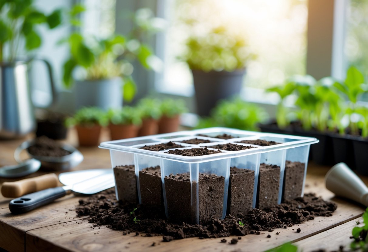 15+ DIY Soil Block Makers for Efficient Garden Seed Starting in the US 5 Close-up of an ice cube tray filled with soil blocks on a wooden table surrounded by gardening tools and plants.
