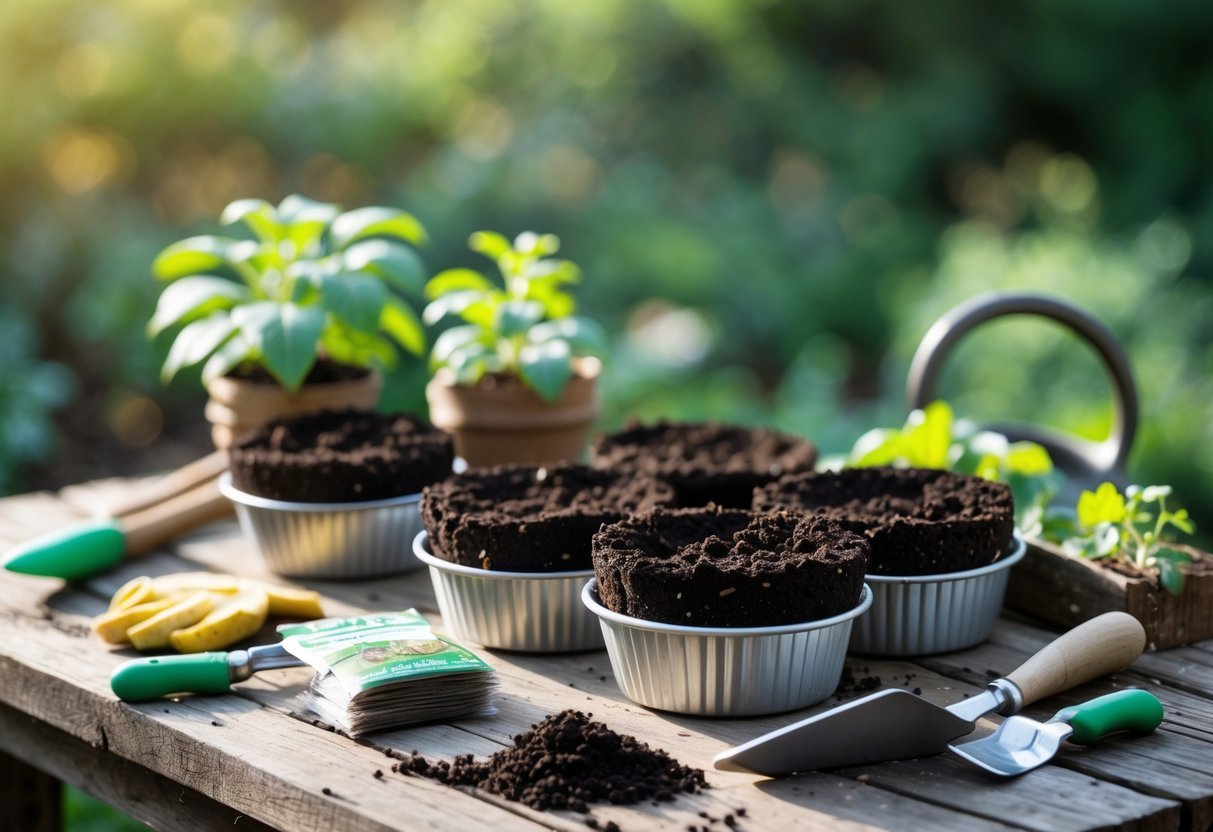 15+ DIY Soil Block Makers for Efficient Garden Seed Starting in the US 6 Four muffin tins filled with soil blocks on a wooden table surrounded by gardening tools and seed packets.