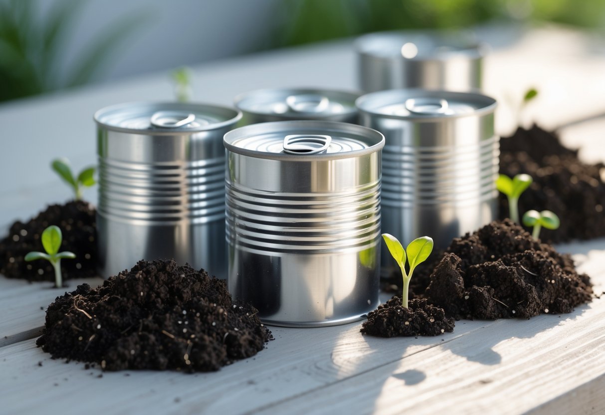 15+ DIY Soil Block Makers for Efficient Garden Seed Starting in the US 7 Five aluminum can soil blockers on a wooden surface with soil and seedlings nearby.
