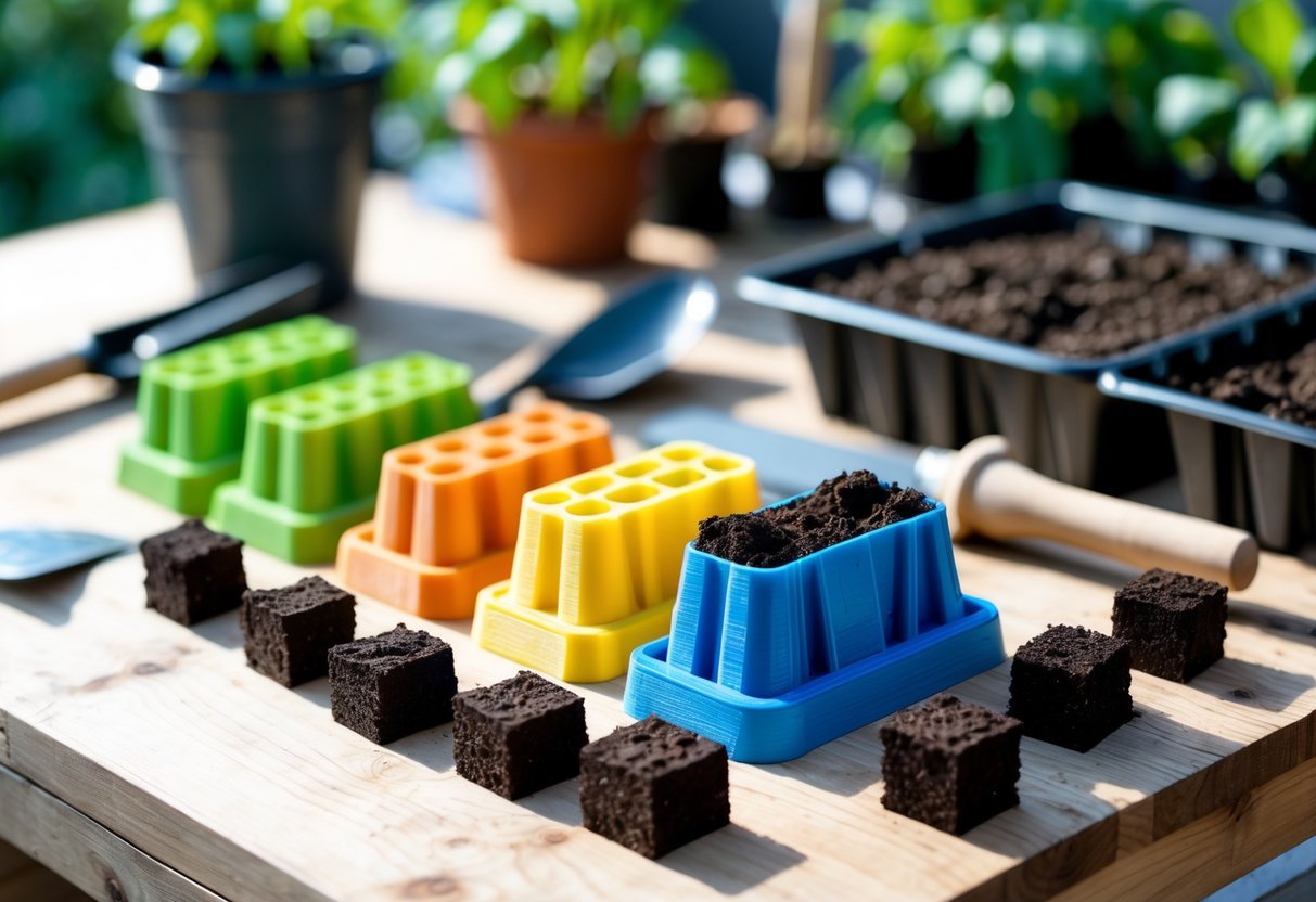 15+ DIY Soil Block Makers for Efficient Garden Seed Starting in the US 8 A set of colorful 3D printed soil block makers on a wooden table with freshly made soil blocks and gardening tools nearby.