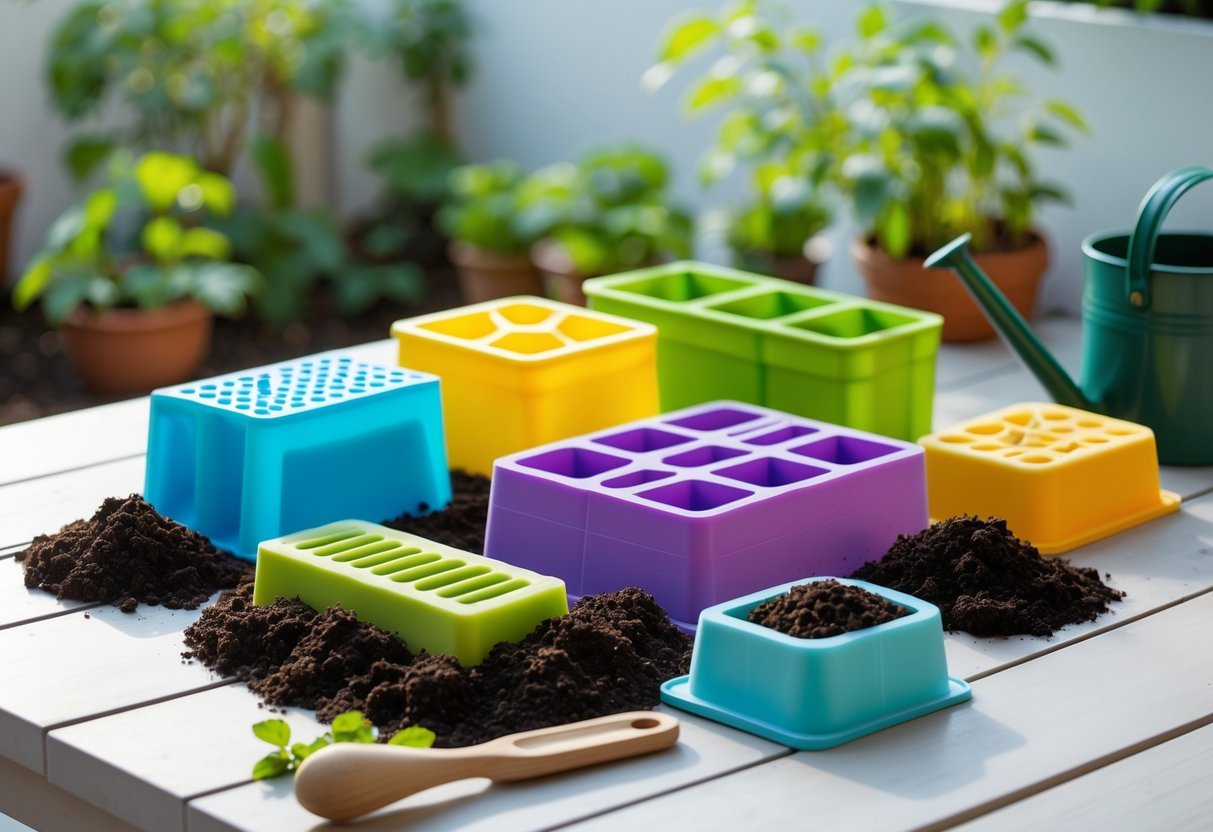 15+ DIY Soil Block Makers for Efficient Garden Seed Starting in the US 9 Seven colorful silicone mold soil blockers on a wooden surface with soil and gardening tools around them.