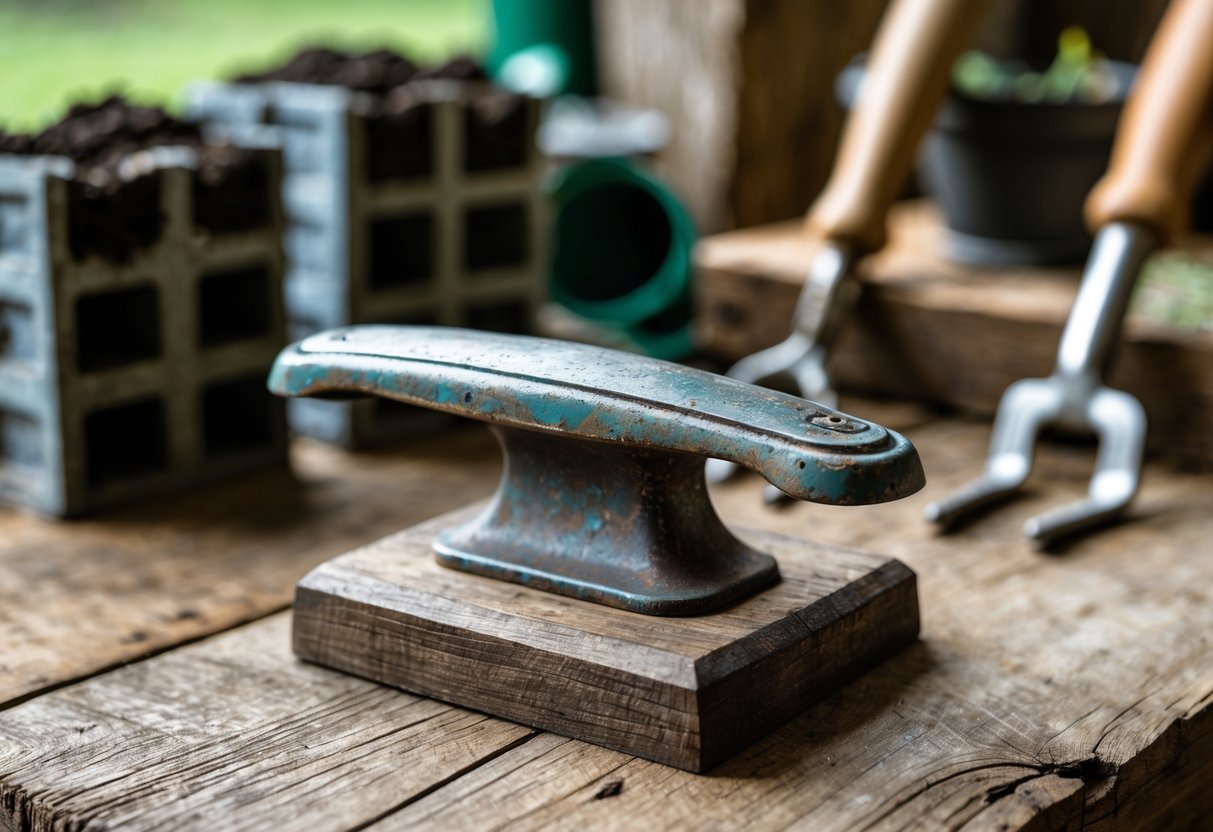 15+ DIY Soil Block Makers for Efficient Garden Seed Starting in the US 10 An old drawer handle with attached base resting on a wooden surface with gardening tools in the background.