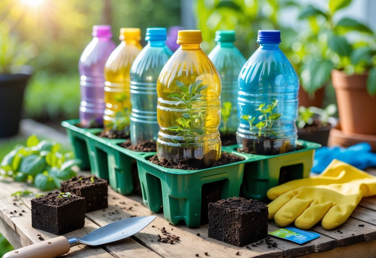 15+ DIY Soil Block Makers for Efficient Garden Seed Starting in the US 11 Close-up of upcycled plastic bottles used as soil block makers filled with soil on a wooden table outdoors, surrounded by gardening tools and plants.