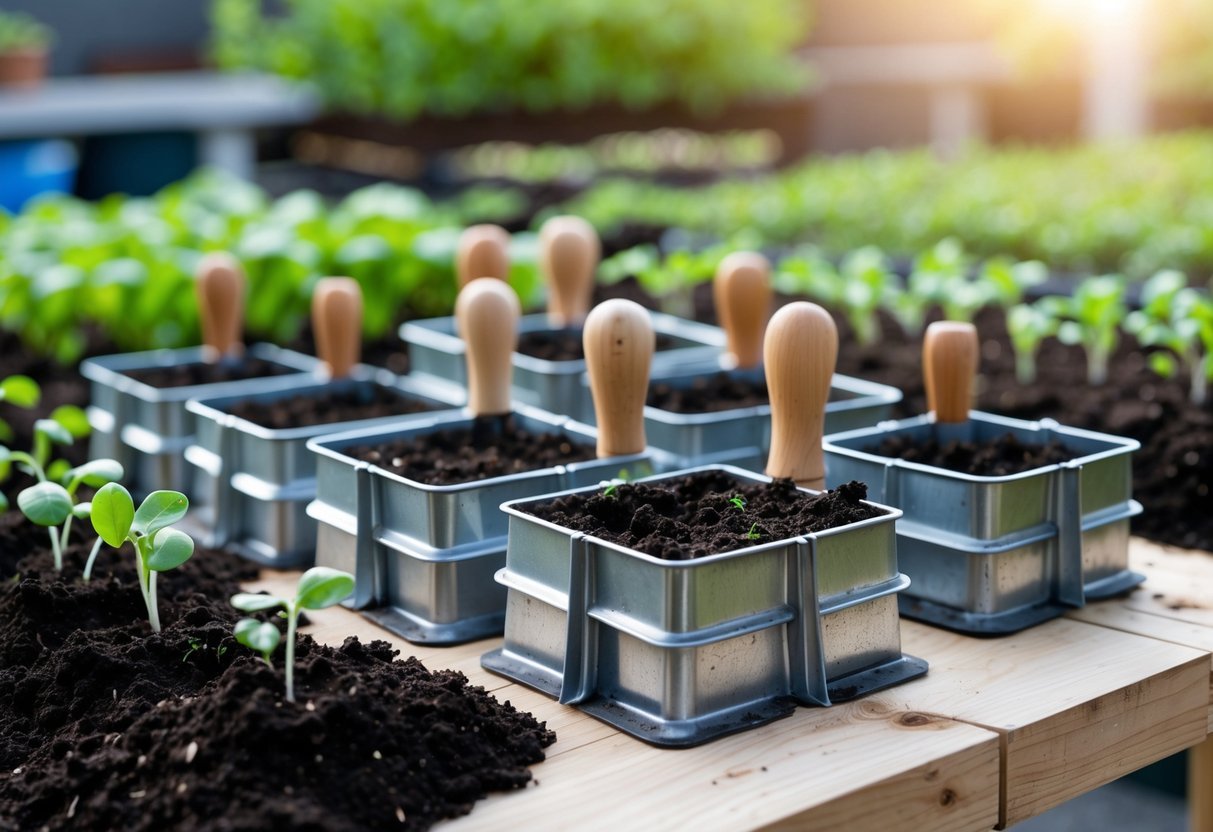 15+ DIY Soil Block Makers for Efficient Garden Seed Starting in the US 12 Ten cookie cutter soil blockers arranged on a wooden workbench with soil and seedlings nearby.