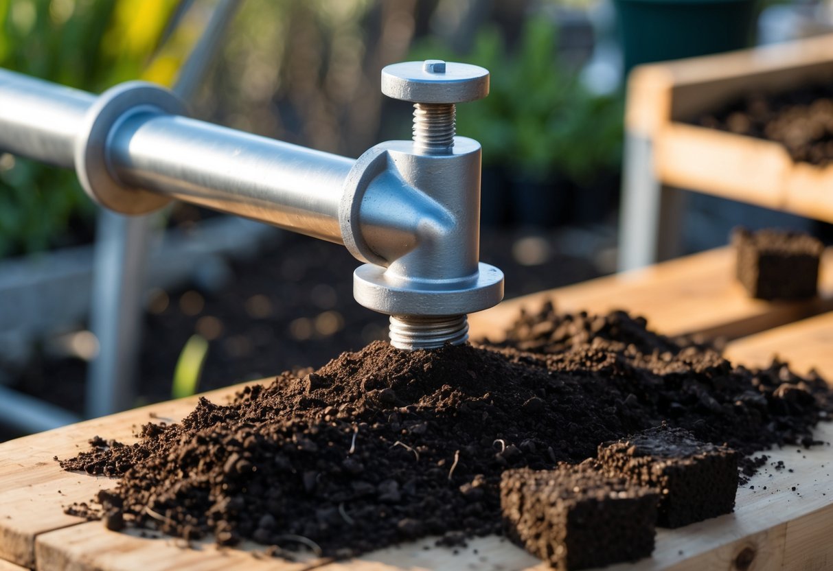 15+ DIY Soil Block Makers for Efficient Garden Seed Starting in the US 13 A metal pipe with a plunger-style press for making soil blocks on a wooden workbench with soil and small soil blocks.