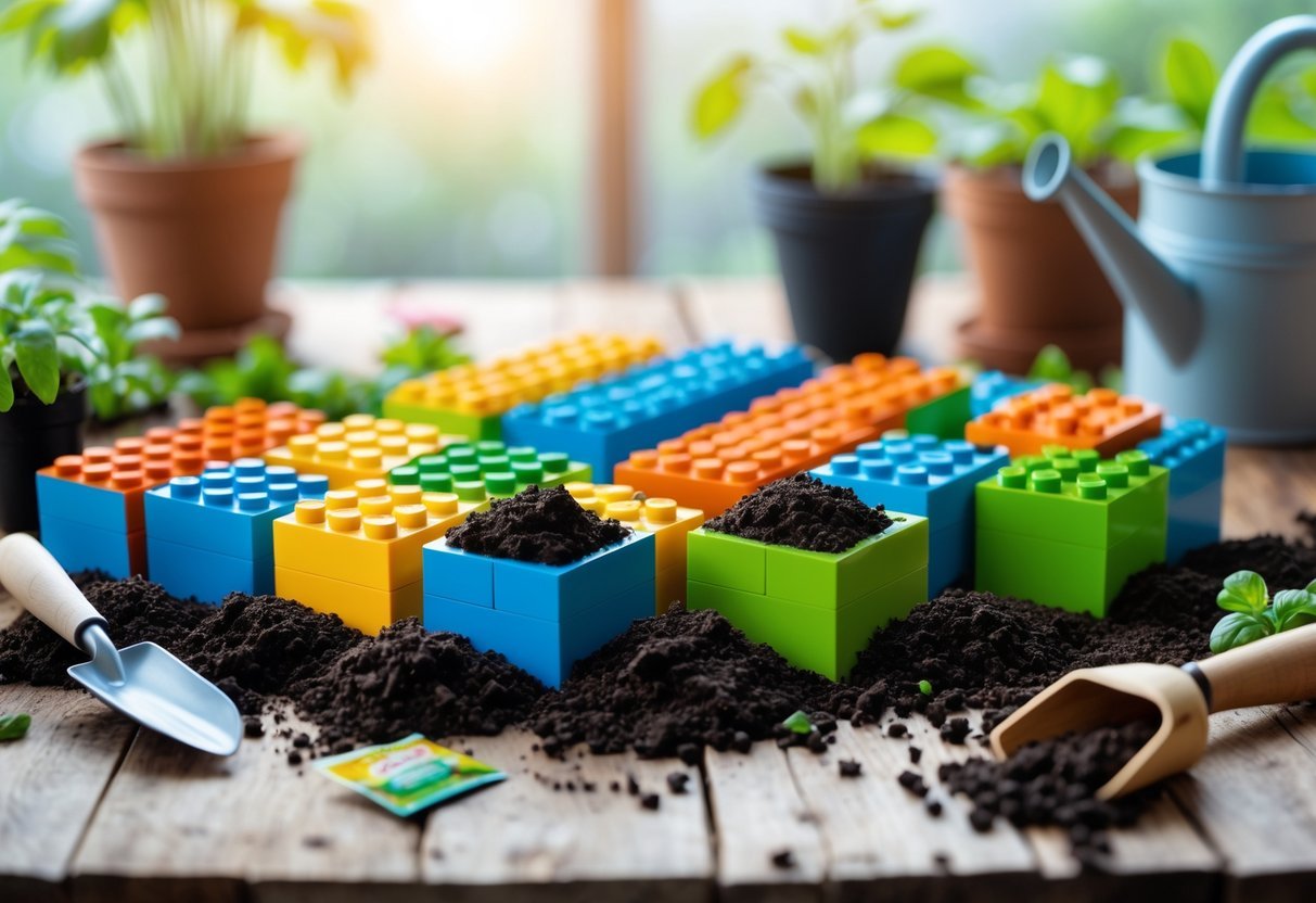 15+ DIY Soil Block Makers for Efficient Garden Seed Starting in the US 14 A set of 12 colorful Lego-style soil block molds on a wooden table with soil inside some blocks and gardening tools nearby.