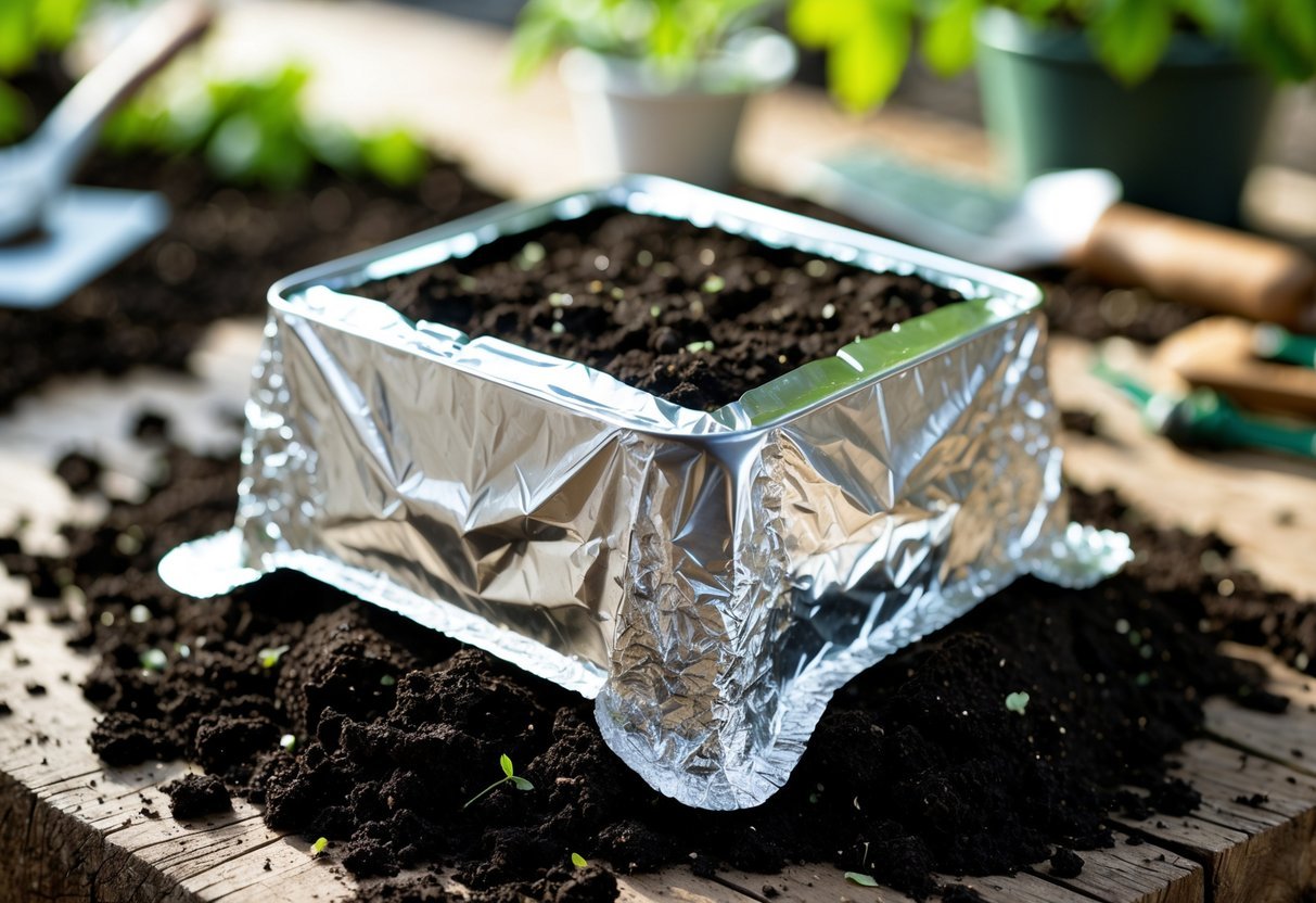 15+ DIY Soil Block Makers for Efficient Garden Seed Starting in the US 16 Close-up of a tin foil mold used for making soil blocks, surrounded by soil and gardening tools on a wooden surface.