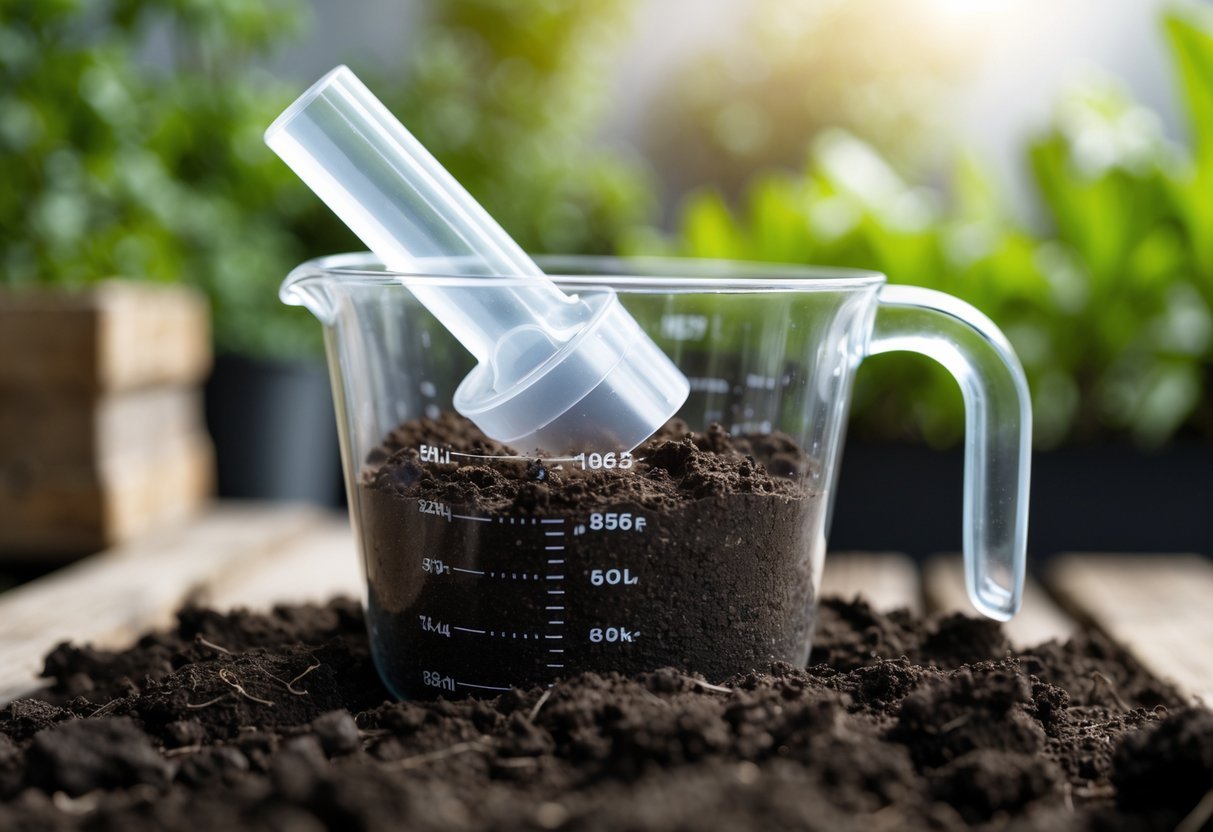 15+ DIY Soil Block Makers for Efficient Garden Seed Starting in the US 17 A measuring cup with a plunger filled with soil, set against a blurred garden background.