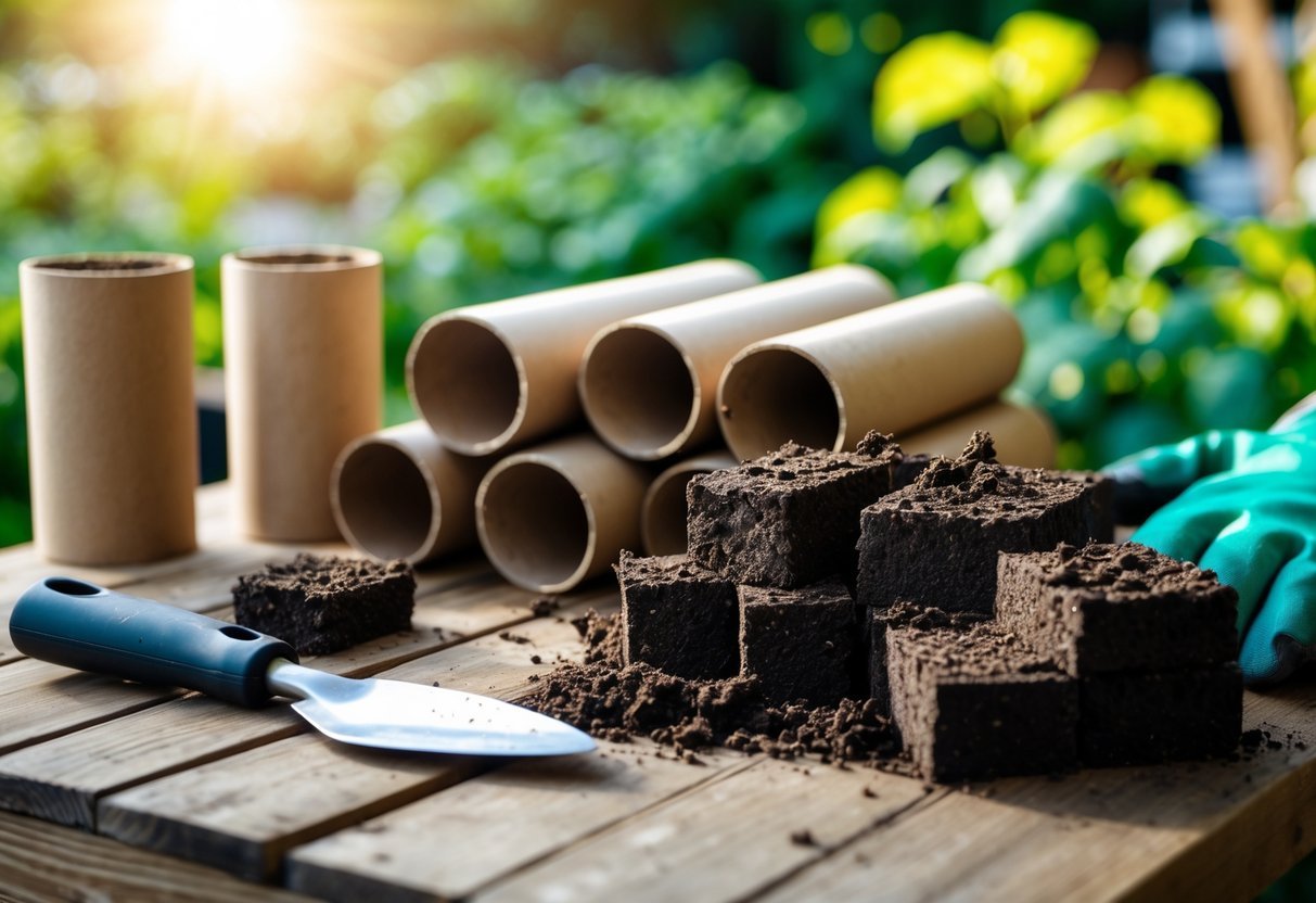 15+ DIY Soil Block Makers for Efficient Garden Seed Starting in the US 18 Close-up of cardboard rolls and soil blocks on a wooden table with gardening tools and green plants in the background.
