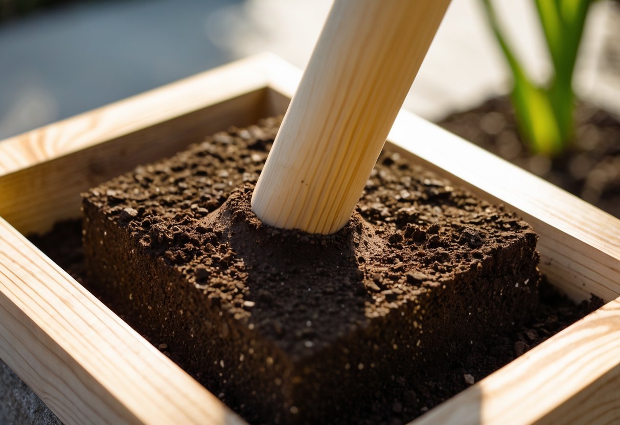 15+ DIY Soil Block Makers for Efficient Garden Seed Starting in the US 19 Close-up of a wooden dowel pressing soil into a block on a wooden base.