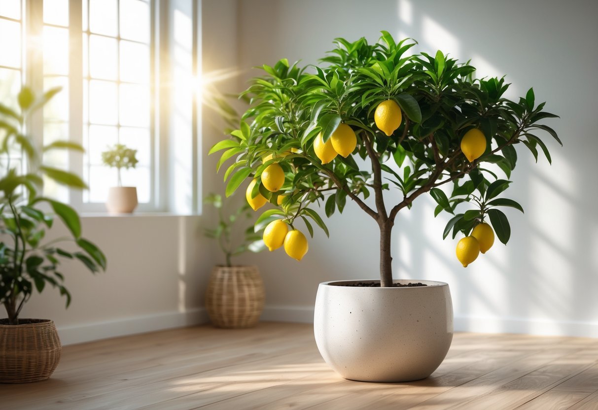 11+ Potted Fruit Tree Ideas: Easy and Productive Varieties for Small US Gardens 3 A potted Meyer lemon tree with ripe yellow lemons and green leaves indoors near a bright window.