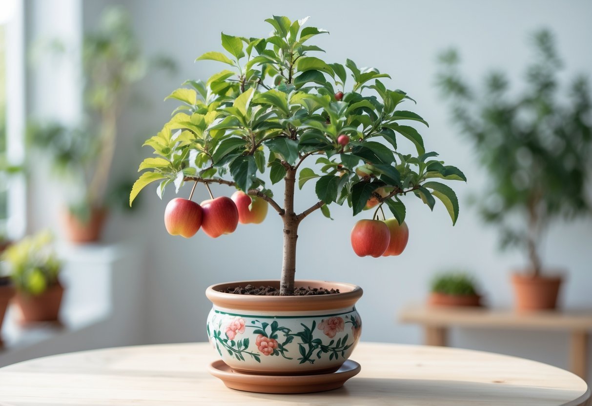 11+ Potted Fruit Tree Ideas: Easy and Productive Varieties for Small US Gardens 4 A small dwarf apple tree with ripe red apples in a decorative pot on a wooden surface indoors.