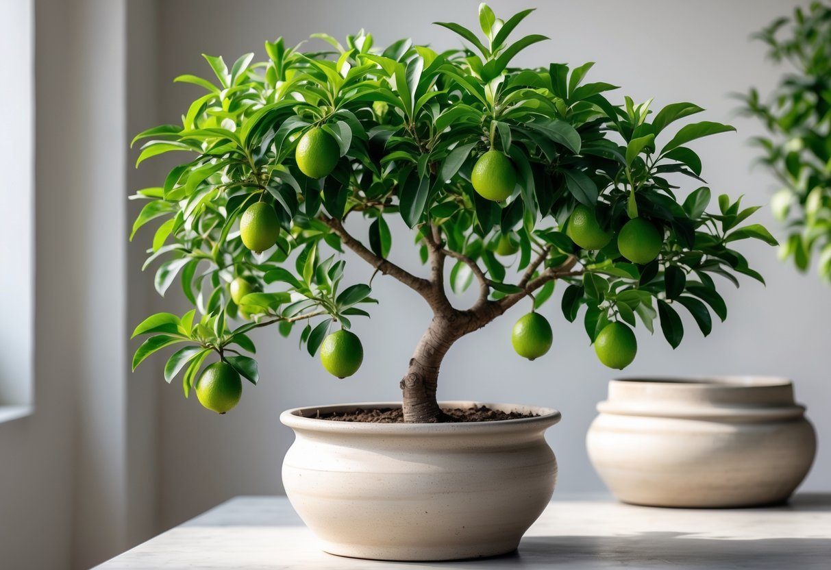 11+ Potted Fruit Tree Ideas: Easy and Productive Varieties for Small US Gardens 5 A potted Persian lime tree with green leaves and ripe limes on its branches.