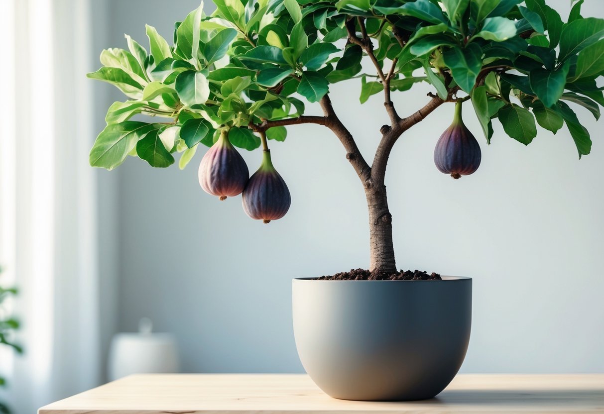 11+ Potted Fruit Tree Ideas: Easy and Productive Varieties for Small US Gardens 6 A potted fig tree with green leaves and ripe purple figs on a wooden surface.