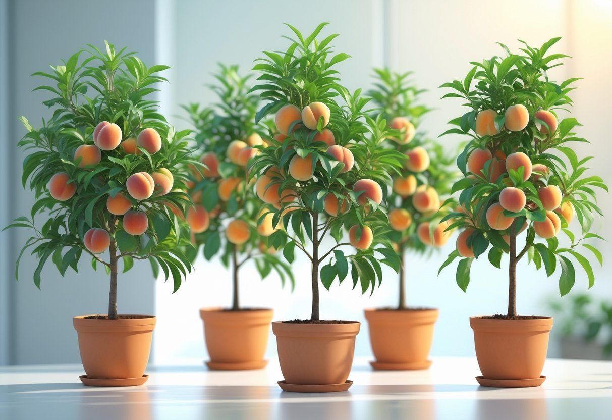 11+ Potted Fruit Tree Ideas: Easy and Productive Varieties for Small US Gardens 7 Five potted dwarf peach trees with green leaves and small peaches arranged on a bright surface.