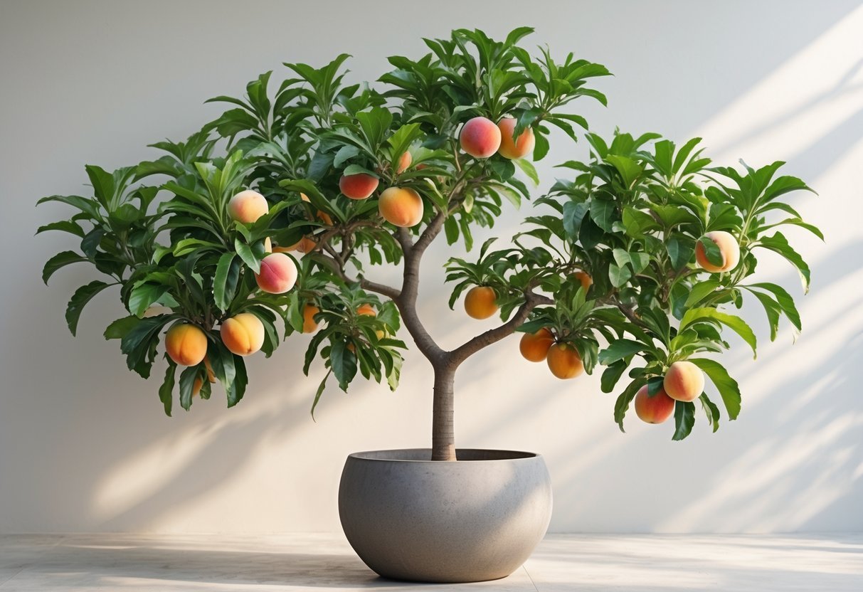 11+ Potted Fruit Tree Ideas: Easy and Productive Varieties for Small US Gardens 8 A potted nectarine tree with green leaves and ripe nectarines on its branches.