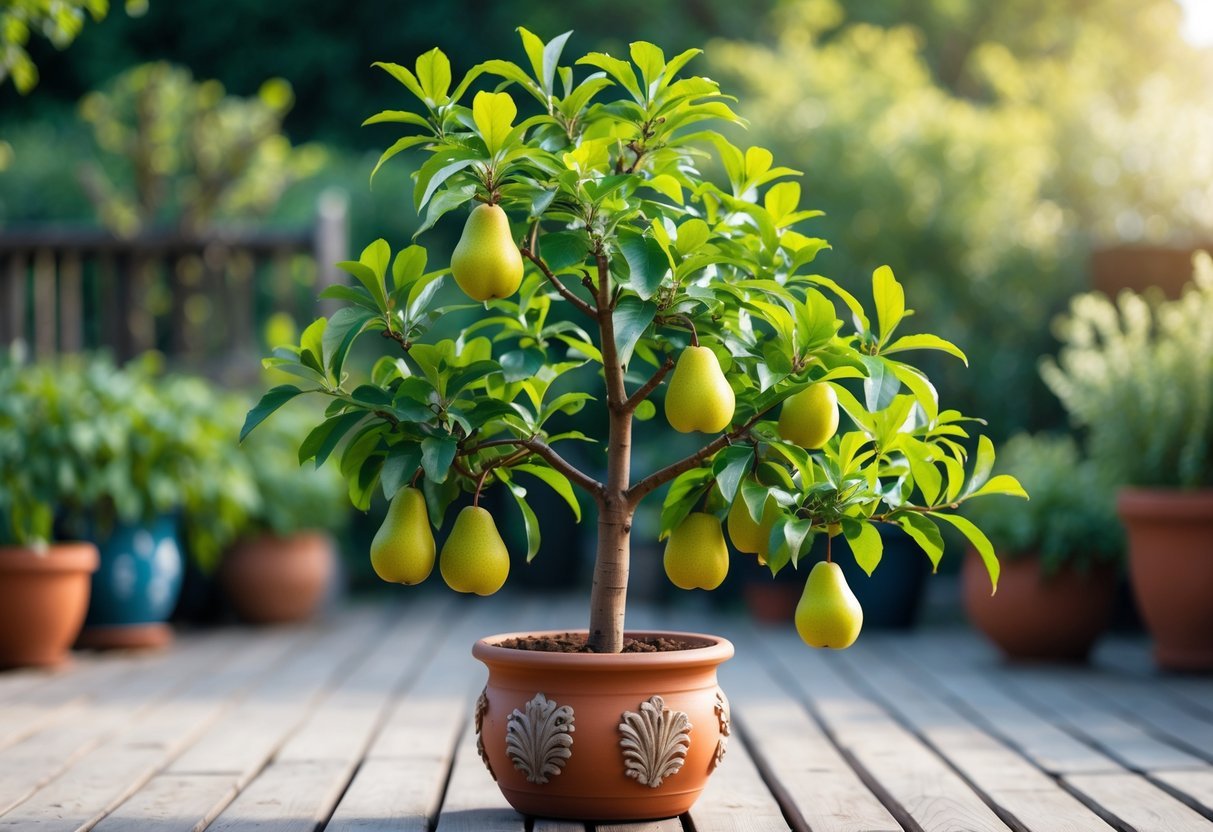 11+ Potted Fruit Tree Ideas: Easy and Productive Varieties for Small US Gardens 9 A dwarf pear tree with green leaves and ripe pears growing in a terracotta pot on a wooden deck with a garden background.