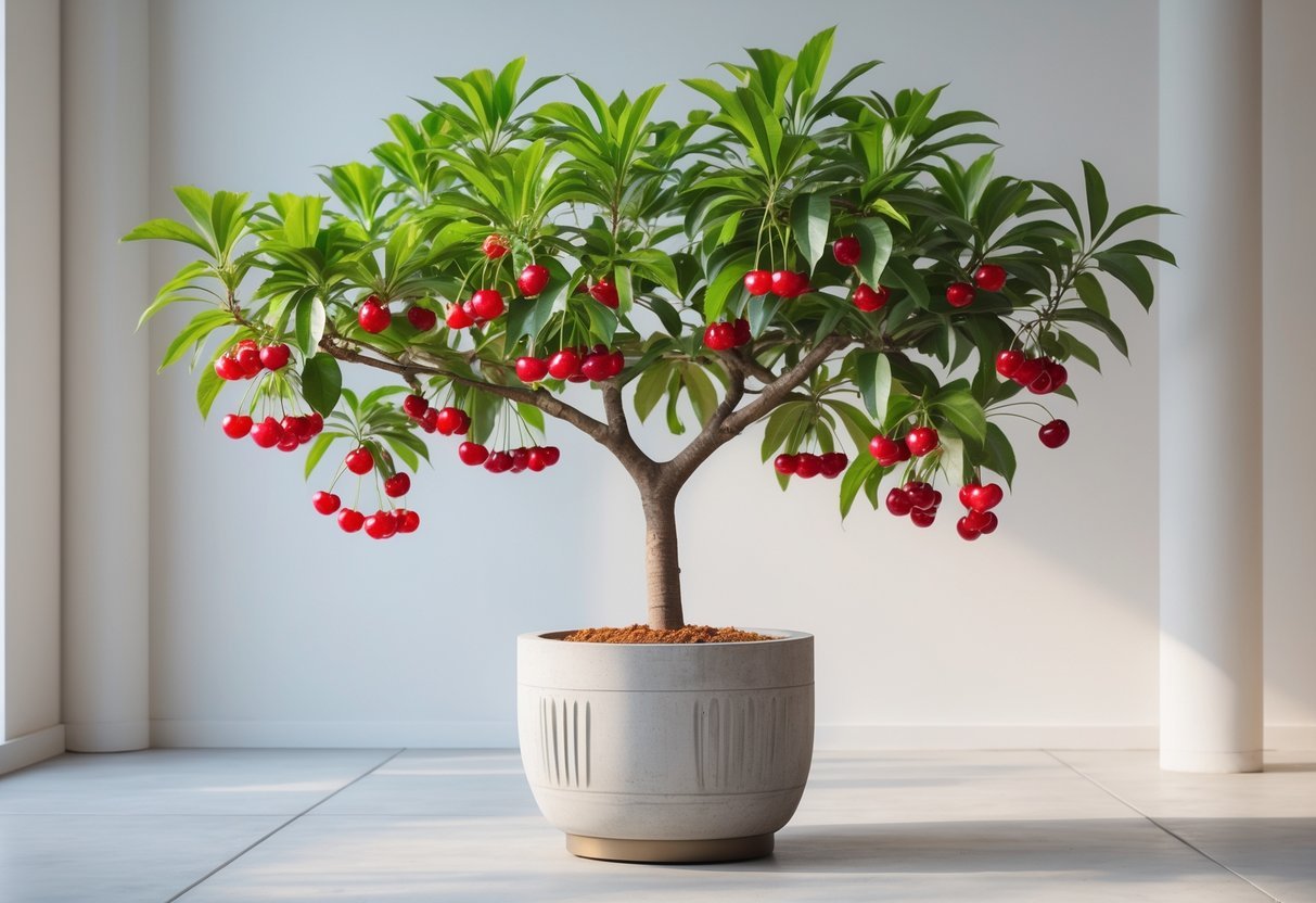 11+ Potted Fruit Tree Ideas: Easy and Productive Varieties for Small US Gardens 10 A potted cherry tree with green leaves and red cherries on a neutral background.