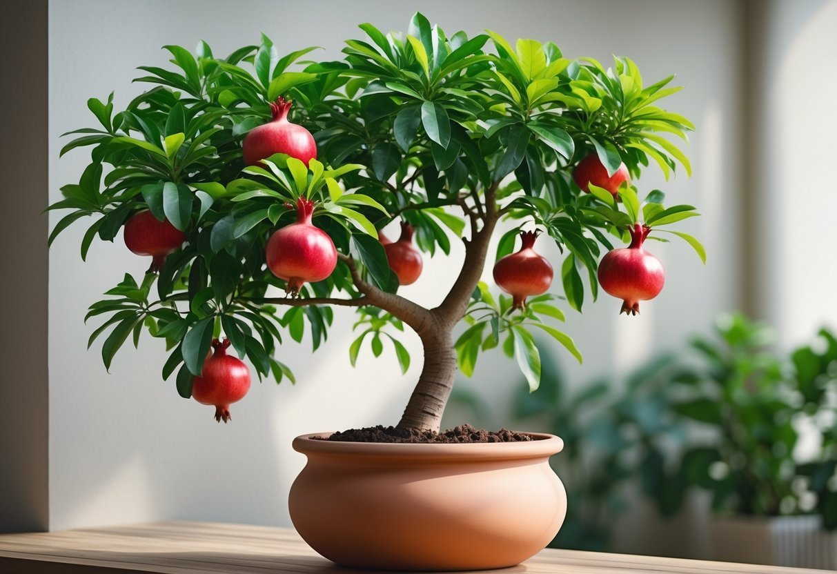 11+ Potted Fruit Tree Ideas: Easy and Productive Varieties for Small US Gardens 11 A potted pomegranate tree with green leaves and red fruit on a wooden surface indoors.