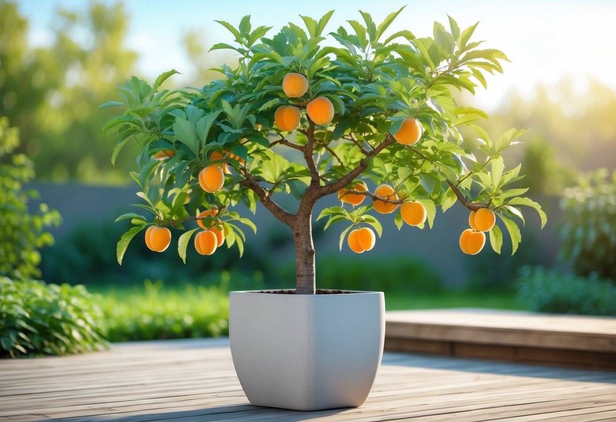 11+ Potted Fruit Tree Ideas: Easy and Productive Varieties for Small US Gardens 12 A potted apricot tree with ripe apricots on a wooden deck outdoors with greenery in the background.