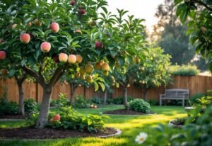 A backyard orchard with various fruit trees bearing ripe fruits, green grass, a wooden fence, and a garden bench.