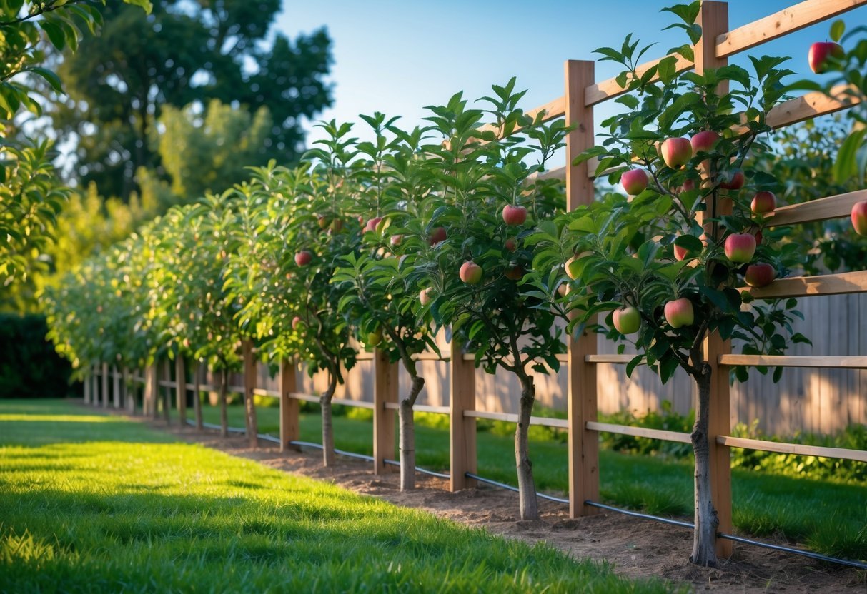 22+ Backyard Orchard Ideas: Expert Tips for Growing Fruit Trees in Your US Home Garden 3 Backyard orchard with apple trees trained flat against wooden supports, bearing green leaves and ripe apples.