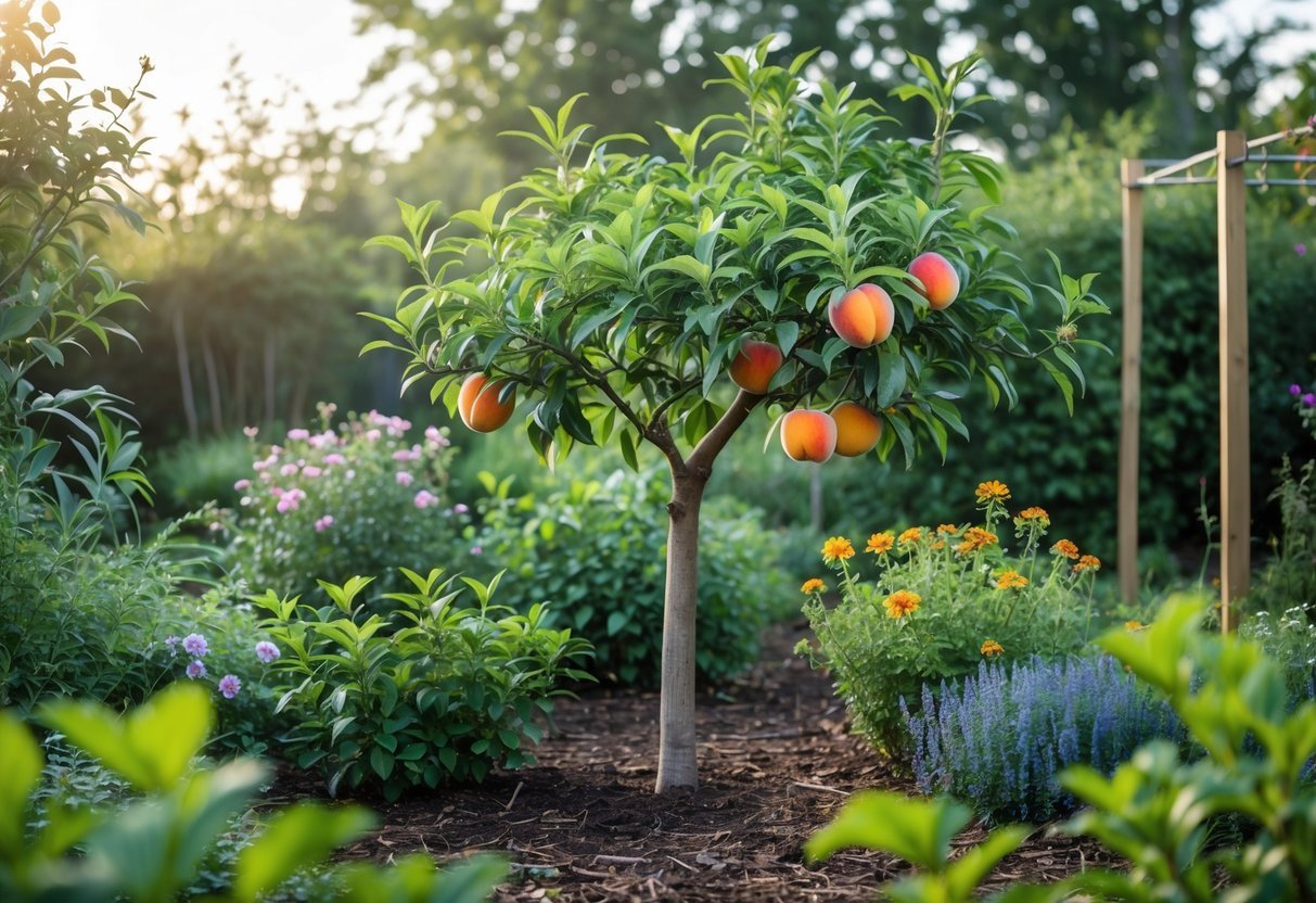 22+ Backyard Orchard Ideas: Expert Tips for Growing Fruit Trees in Your US Home Garden 4 A backyard orchard with a peach tree surrounded by various companion plants including herbs and shrubs, all growing in a garden setting.