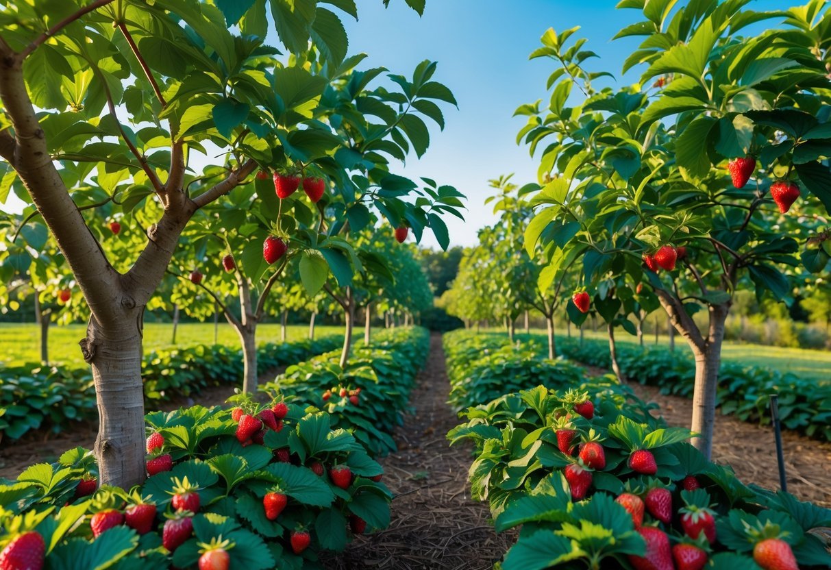 22+ Backyard Orchard Ideas: Expert Tips for Growing Fruit Trees in Your US Home Garden 5 Backyard orchard with fruit trees and strawberry plants growing densely on the ground beneath them.