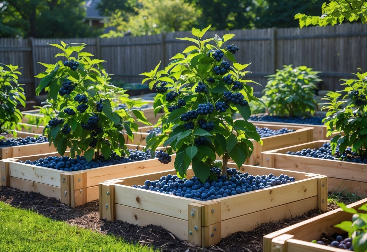 22+ Backyard Orchard Ideas: Expert Tips for Growing Fruit Trees in Your US Home Garden 6 Backyard orchard with multiple wooden raised beds filled with blueberry bushes bearing ripe berries.