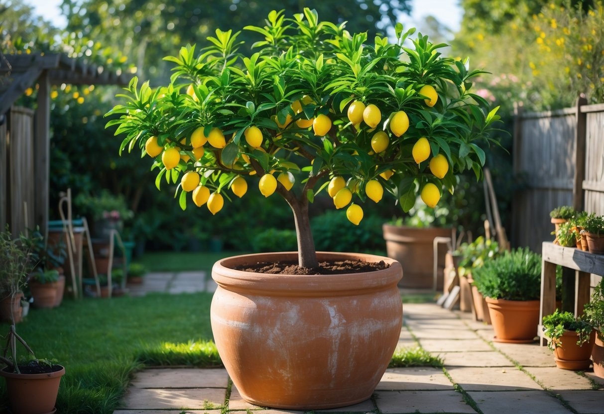 A lemon tree with ripe yellow lemons growing in a large pot in a backyard garden surrounded by plants and greenery.