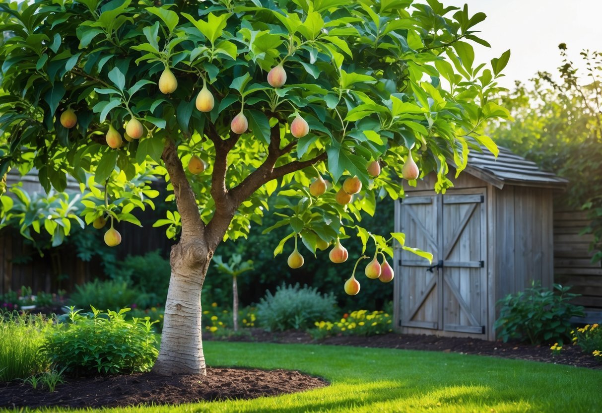 22+ Backyard Orchard Ideas: Expert Tips for Growing Fruit Trees in Your US Home Garden 8 A backyard orchard with a fig tree next to a wooden garden shed surrounded by plants and grass.