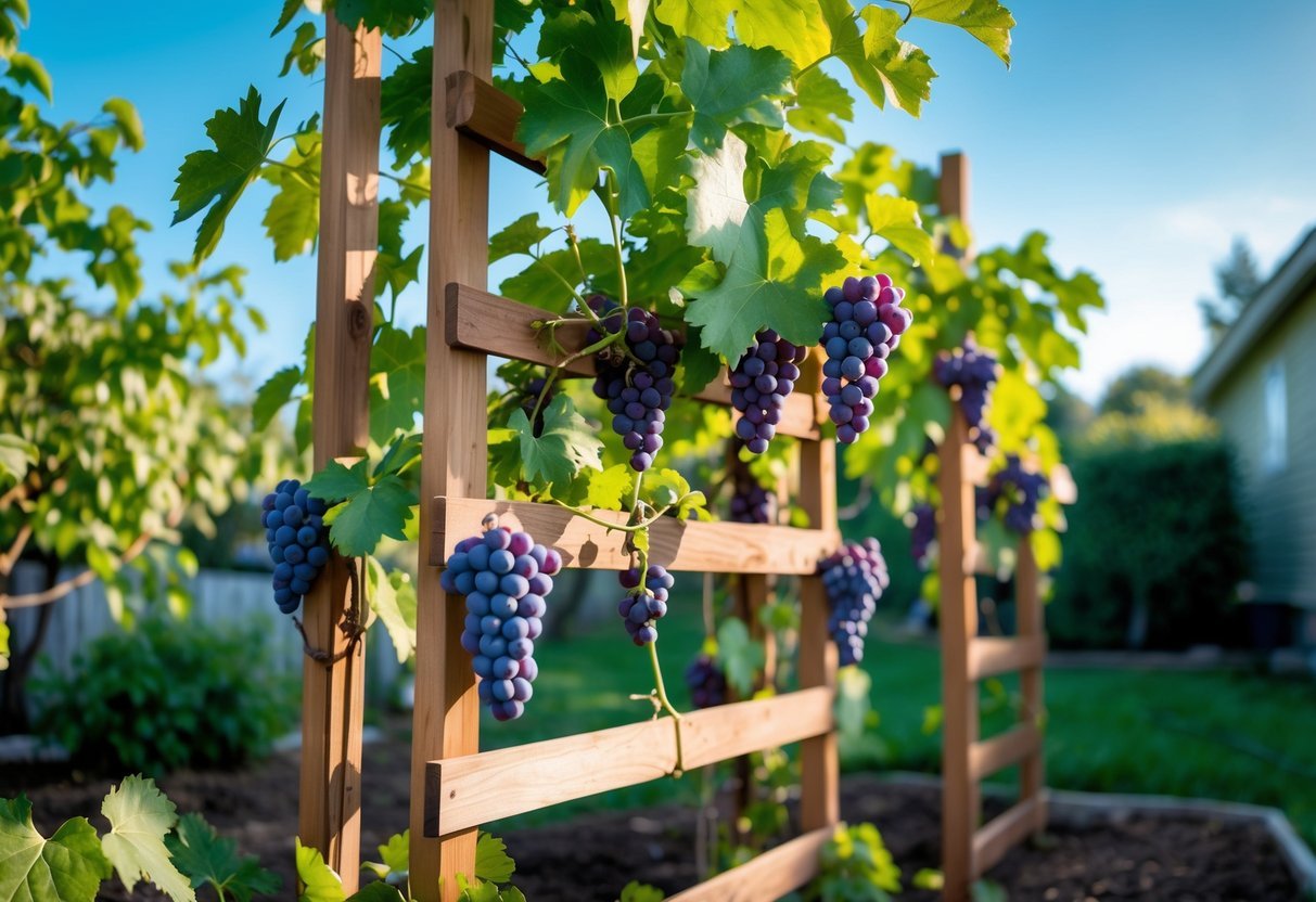 22+ Backyard Orchard Ideas: Expert Tips for Growing Fruit Trees in Your US Home Garden 9 Backyard orchard with a vertical wooden trellis supporting grapevines bearing ripe grapes.
