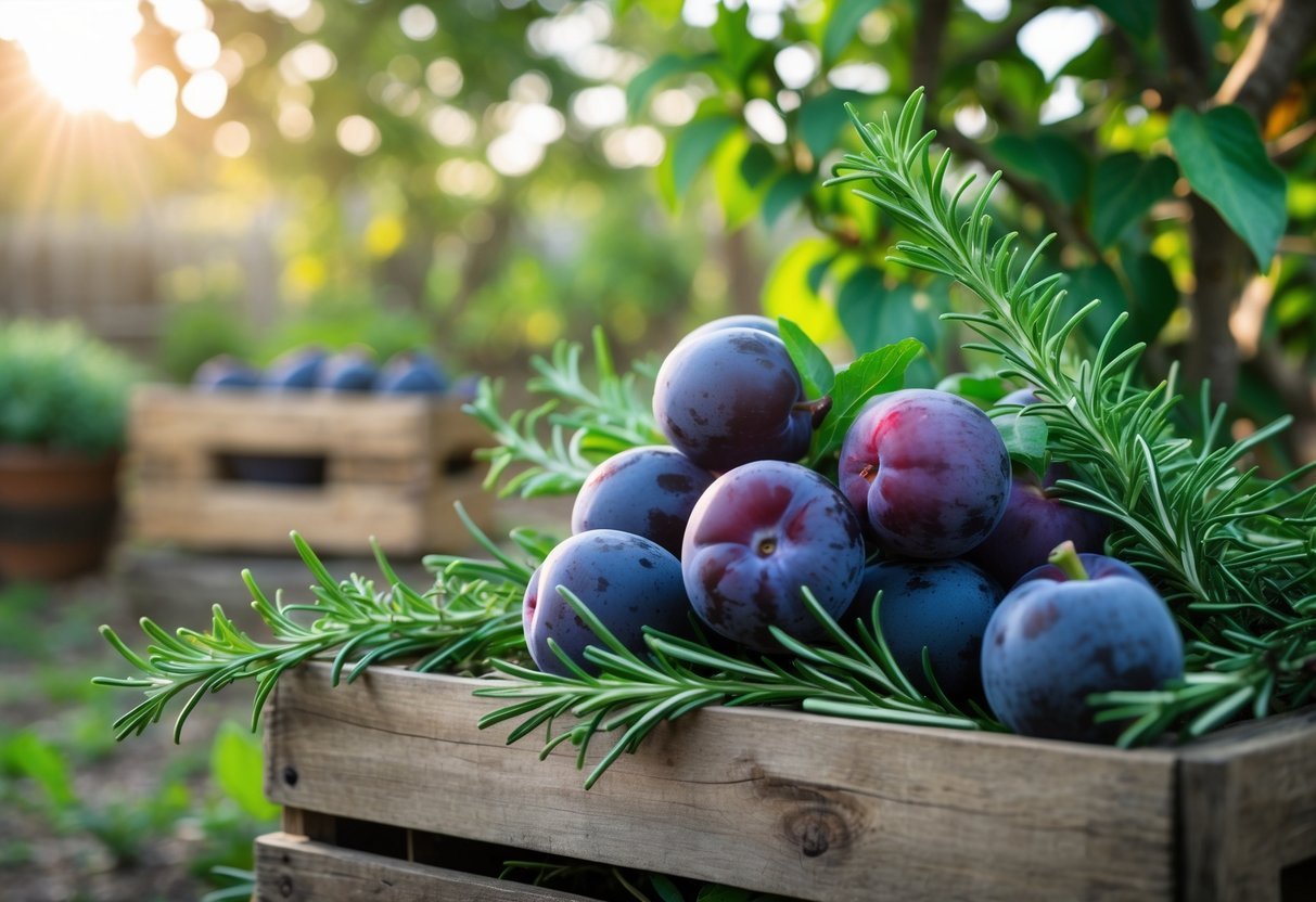 22+ Backyard Orchard Ideas: Expert Tips for Growing Fruit Trees in Your US Home Garden 10 Ripe purple plums arranged with fresh rosemary sprigs in a sunlit backyard orchard setting.