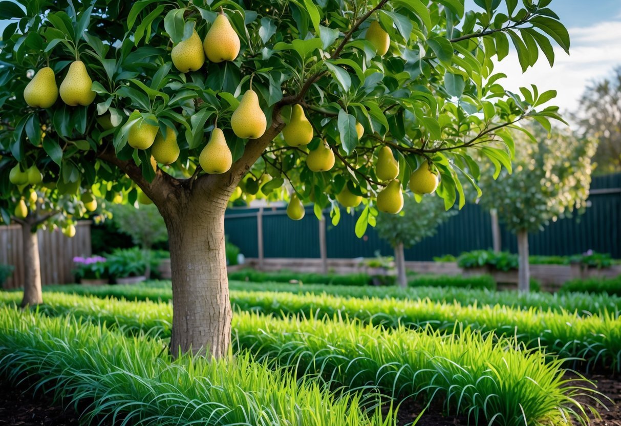 22+ Backyard Orchard Ideas: Expert Tips for Growing Fruit Trees in Your US Home Garden 11 A pear tree in a backyard orchard with green garlic plants growing densely underneath it on a sunny day.