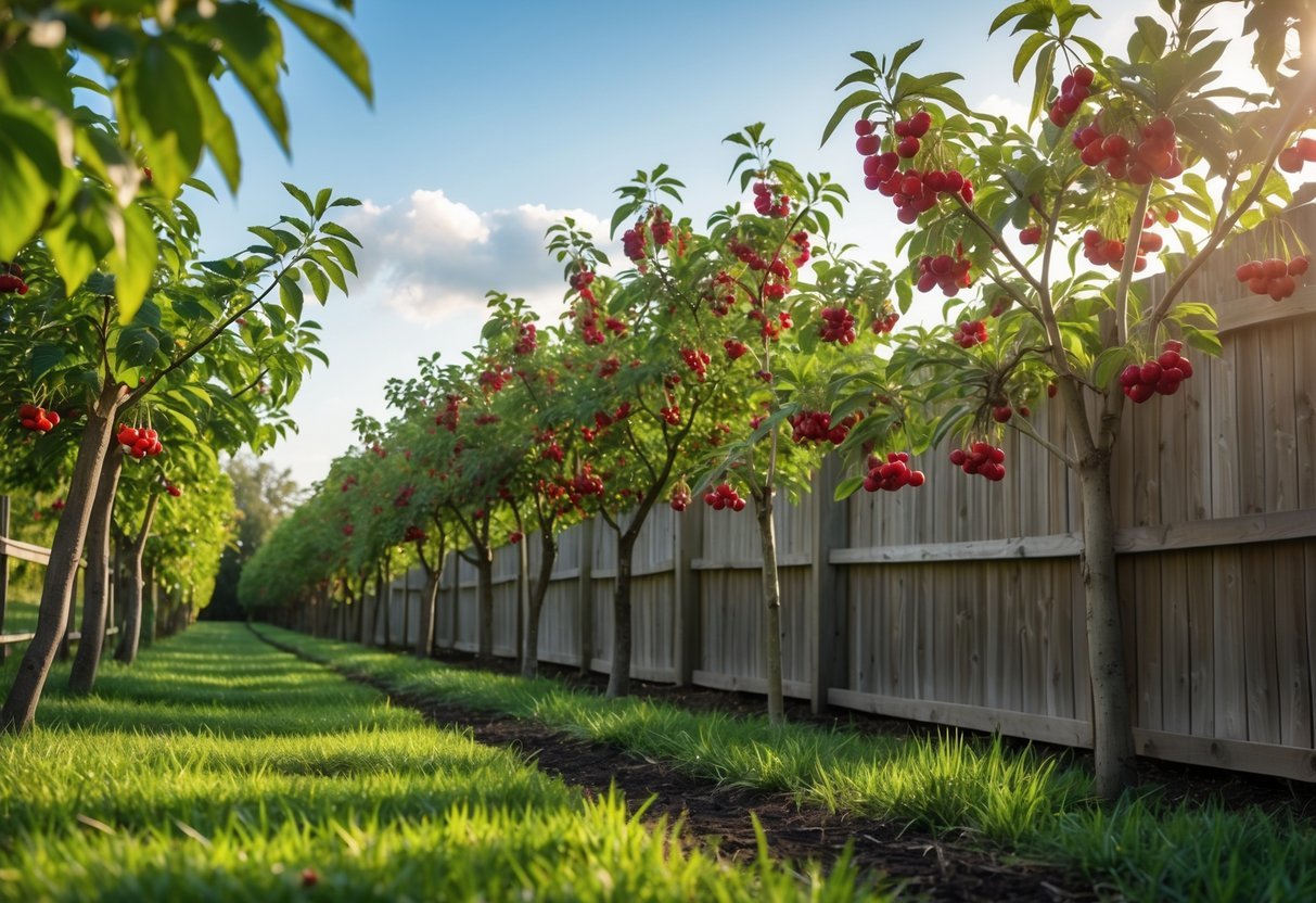 22+ Backyard Orchard Ideas: Expert Tips for Growing Fruit Trees in Your US Home Garden 12 A row of cherry trees with ripe red cherries growing along a wooden fence in a backyard orchard.