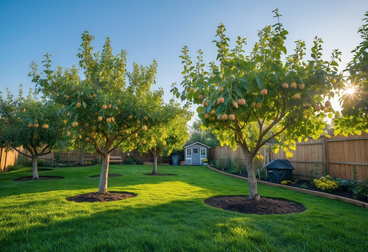 22+ Backyard Orchard Ideas: Expert Tips for Growing Fruit Trees in Your US Home Garden 14 A backyard orchard with almond and hazelnut trees bearing nuts, green grass, and garden elements under a clear blue sky.