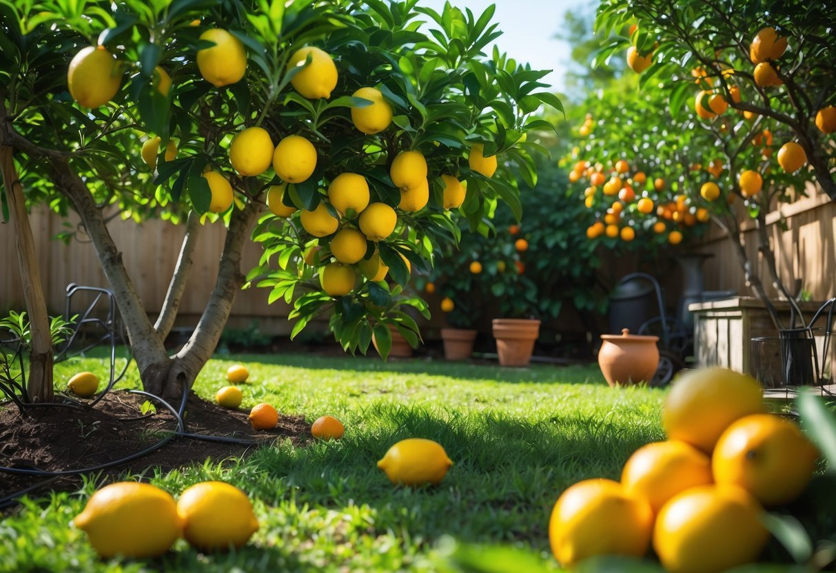 22+ Backyard Orchard Ideas: Expert Tips for Growing Fruit Trees in Your US Home Garden 15 A backyard orchard with lemon and orange trees full of ripe fruit surrounded by green grass and a wooden fence.