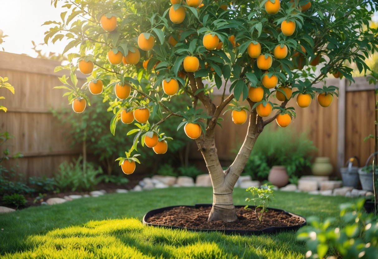 22+ Backyard Orchard Ideas: Expert Tips for Growing Fruit Trees in Your US Home Garden 16 A backyard orchard corner with a persimmon tree full of ripe orange fruit in sunlight, surrounded by green grass and garden plants.