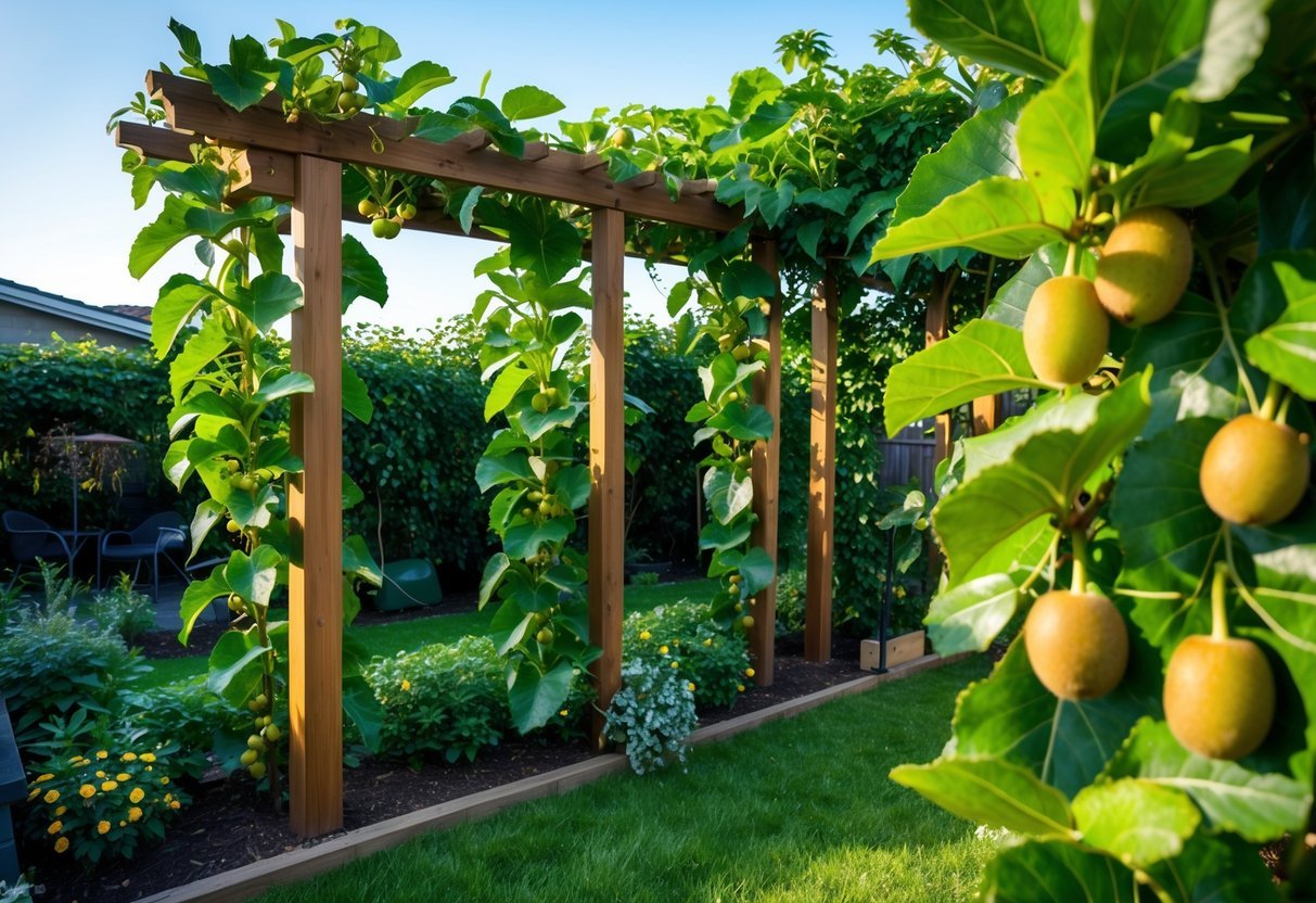 22+ Backyard Orchard Ideas: Expert Tips for Growing Fruit Trees in Your US Home Garden 17 Backyard orchard with 15 kiwi vines climbing a wooden pergola surrounded by green plants and a lawn.