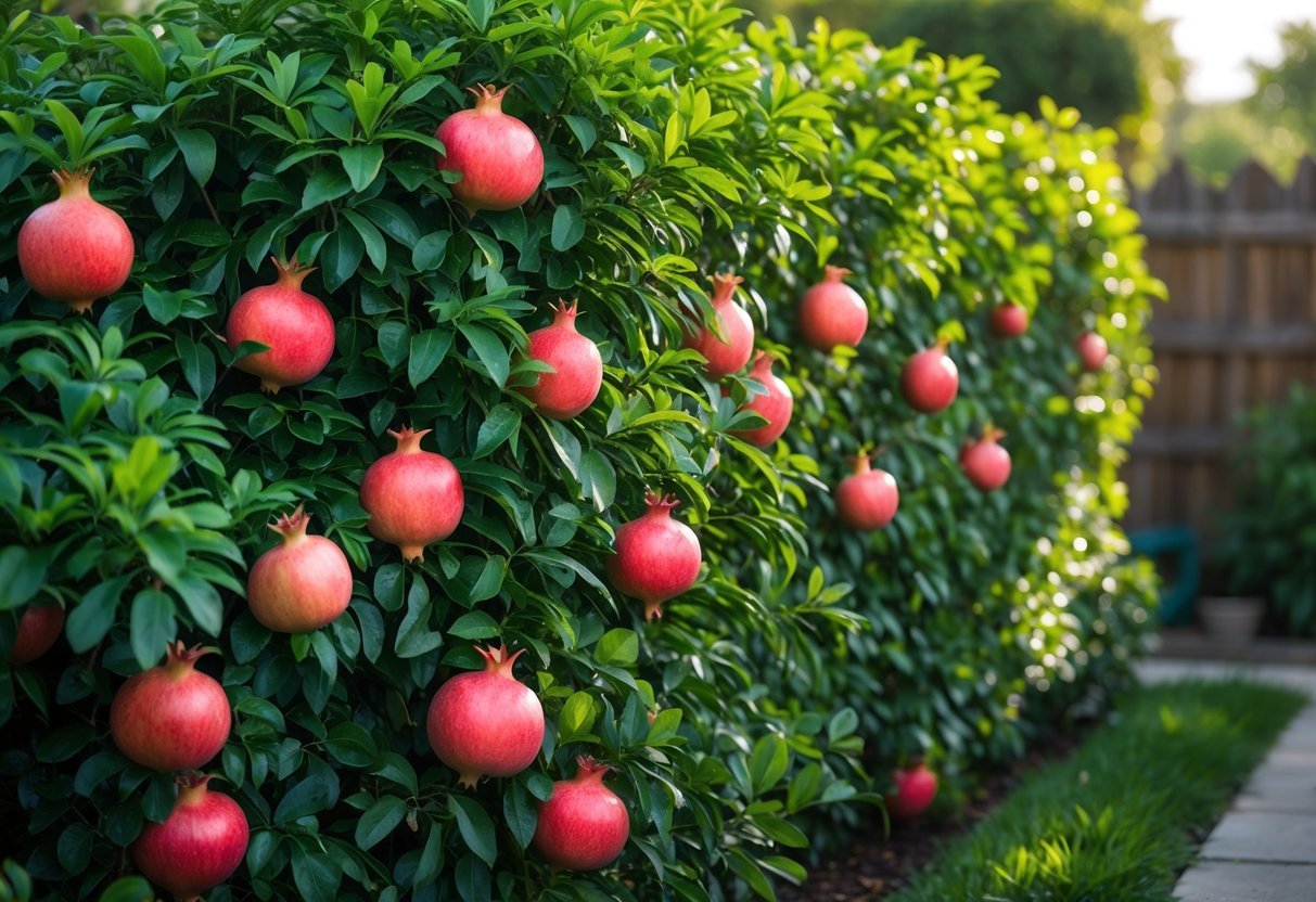22+ Backyard Orchard Ideas: Expert Tips for Growing Fruit Trees in Your US Home Garden 18 A backyard garden with a neatly trimmed pomegranate bush hedge bearing ripe red fruit and green leaves.