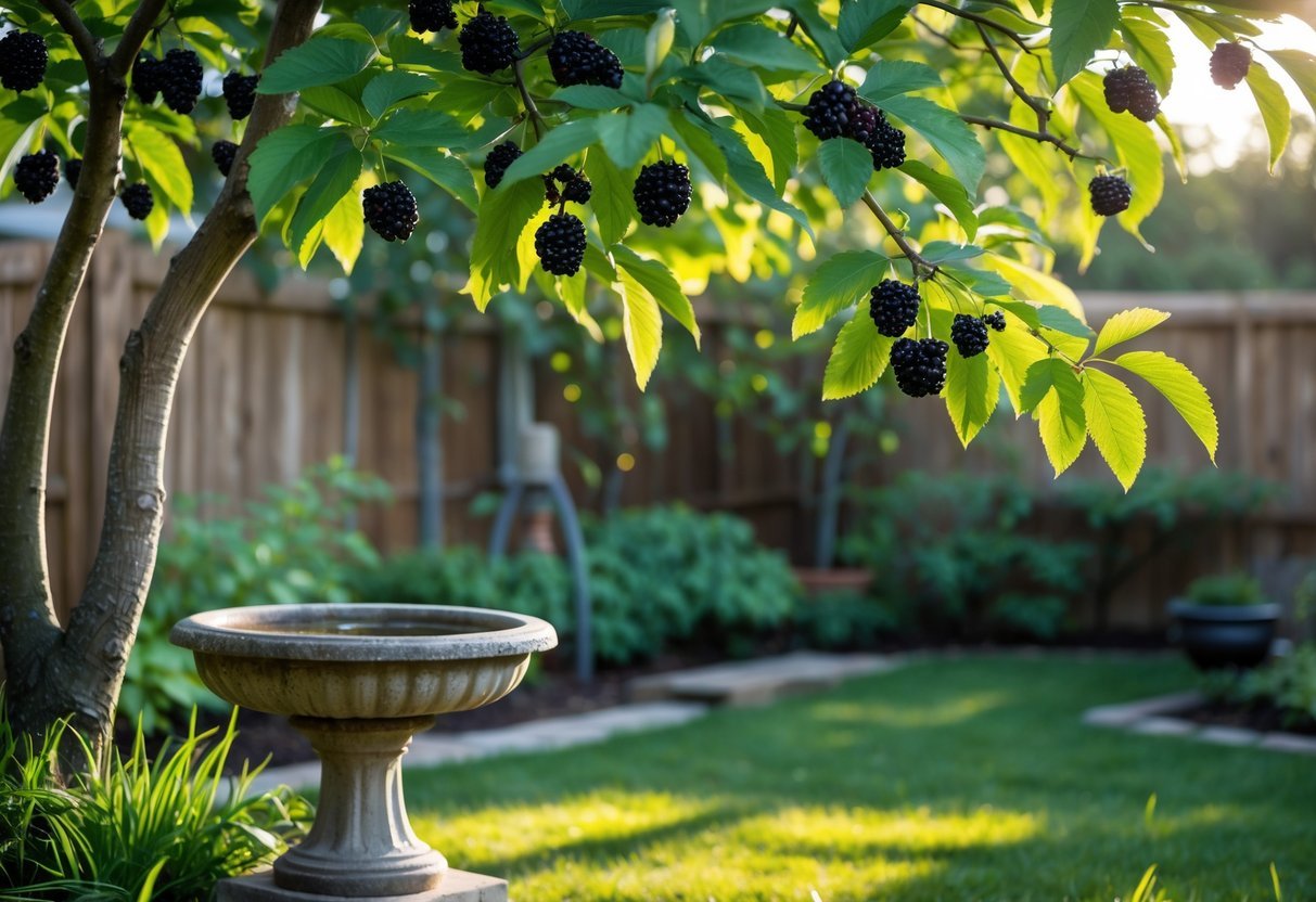 22+ Backyard Orchard Ideas: Expert Tips for Growing Fruit Trees in Your US Home Garden 19 A mulberry tree with ripe fruit standing next to a stone birdbath in a backyard garden.