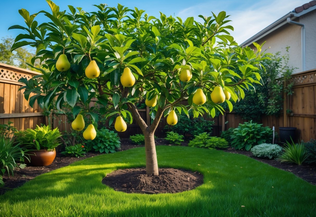 22+ Backyard Orchard Ideas: Expert Tips for Growing Fruit Trees in Your US Home Garden 20 An Asian pear tree with ripe fruit growing in the corner of a backyard garden surrounded by grass and other plants.