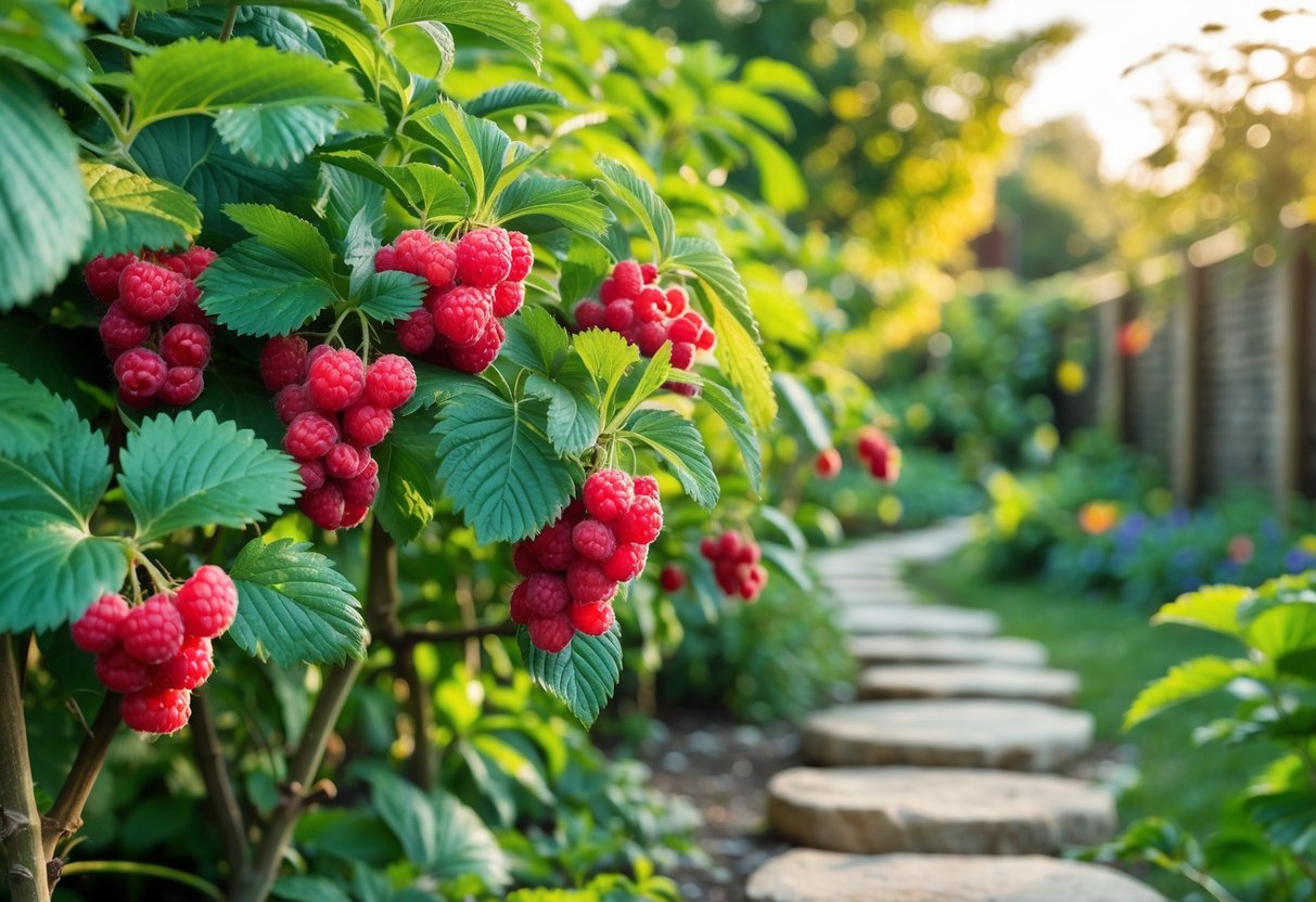 22+ Backyard Orchard Ideas: Expert Tips for Growing Fruit Trees in Your US Home Garden 21 Ripe red raspberries growing on bushes alongside a garden path in a backyard orchard.