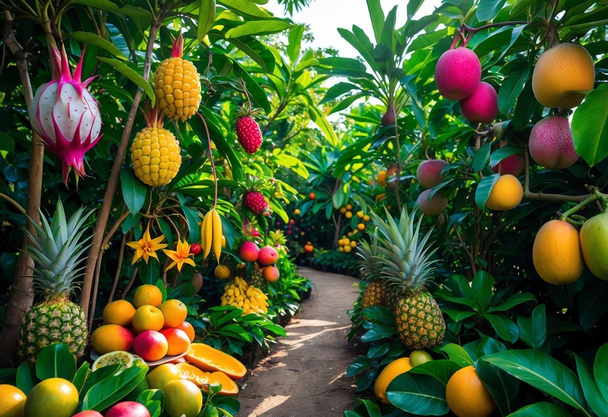 21+ Exotic Fruit Garden Ideas: Unique Plants to Transform Your Backyard in the US 2 A garden filled with various exotic fruit trees and plants bearing colorful ripe fruits surrounded by green leaves.