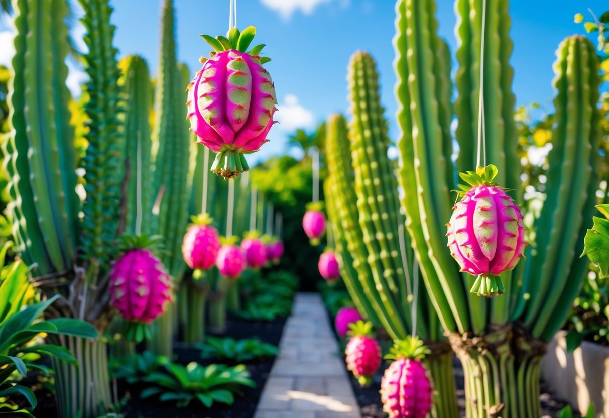 21+ Exotic Fruit Garden Ideas: Unique Plants to Transform Your Backyard in the US 3 A garden with rows of dragon fruit plants bearing bright pink fruits among green cactus-like stems under a clear blue sky.
